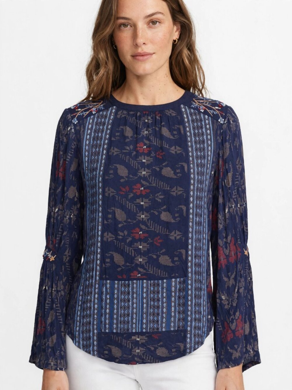 Lucky Brand Navy Embroidered Boho Peasant Top S/P